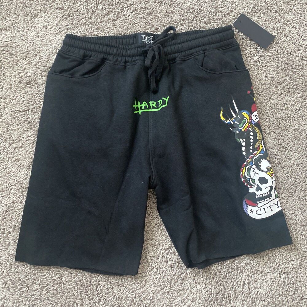 Ed Hardy Black New York City Skull Snake Eagle Men's Size Large Drawstring Short